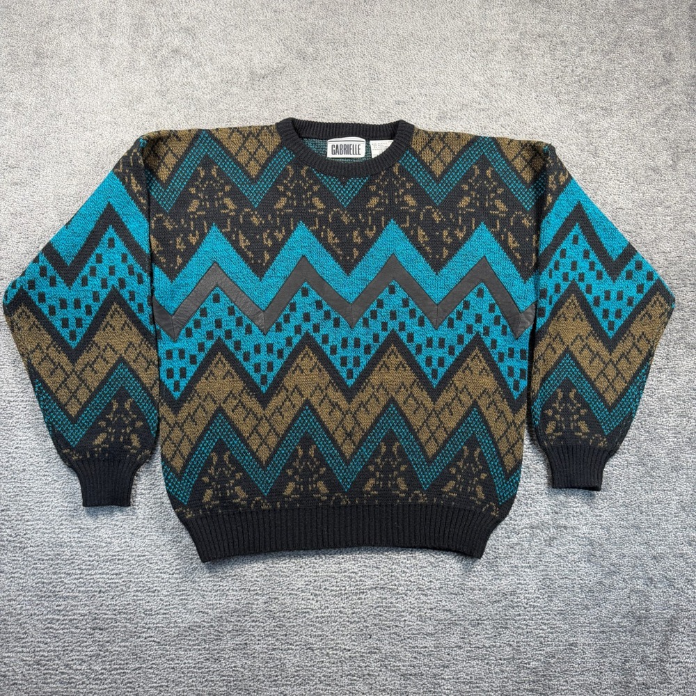 Vintage Gabrielle Chevron Knit Sweater Leather Trim Teal Zig Zag Mens L Wool